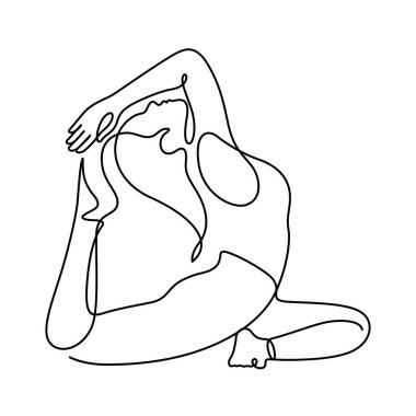 Yogadaki kadın vektör illüstrasyonunu dengeliyor. Beyaz arkaplanda izole edilmiş bir çizgi çizimi ve sürekli biçim.