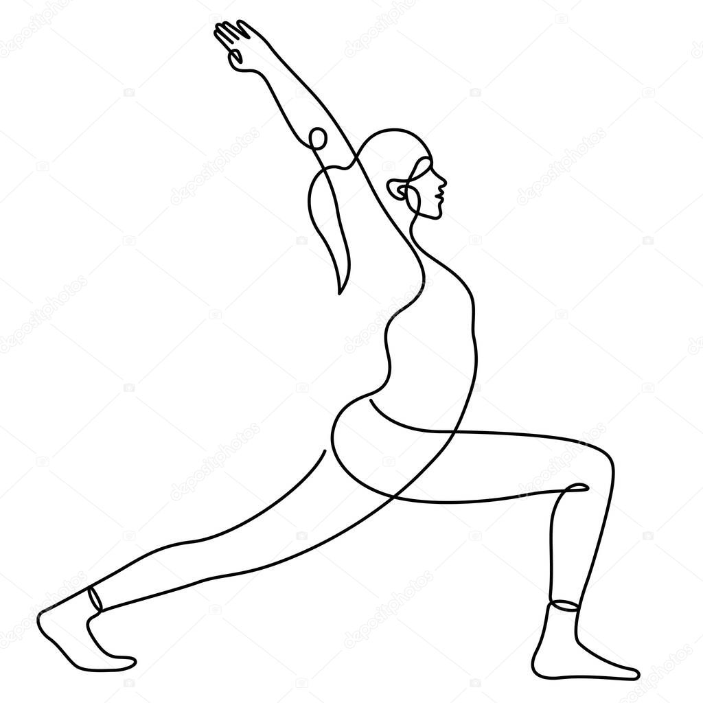 Woman in warrior pose yoga balancing vector illustration. One line drawing and continuous style isolated on white background.