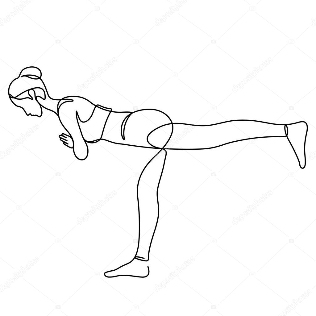 Woman in yoga pose balancing vector illustration. One line drawing and continuous style isolated on white background.