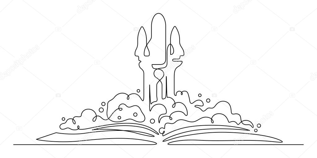 One line drawing of rocket spaceship and book graduation for dream,imagination,creativity conceptual.