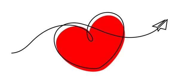 Одна Строка Рисунок Самолета Бумагу Форму Сердца Летающие Эмоции Любовь — стоковый вектор