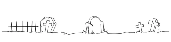 Scary Night Cemetery Tombstone Religious Cross Continuous Line Drawing Style — Vettoriale Stock