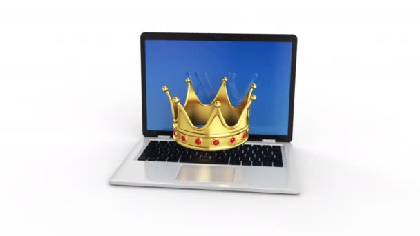 Coroa dourada em um computador portátil - fundo branco. Animação 4k — Vídeo de Stock