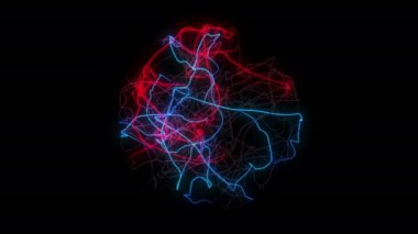 Bilim Teknolojisi Küre Topu. Enerji yüklü plazma topu, siyah zemin üzerinde kırmızı-mavi çizgiler..