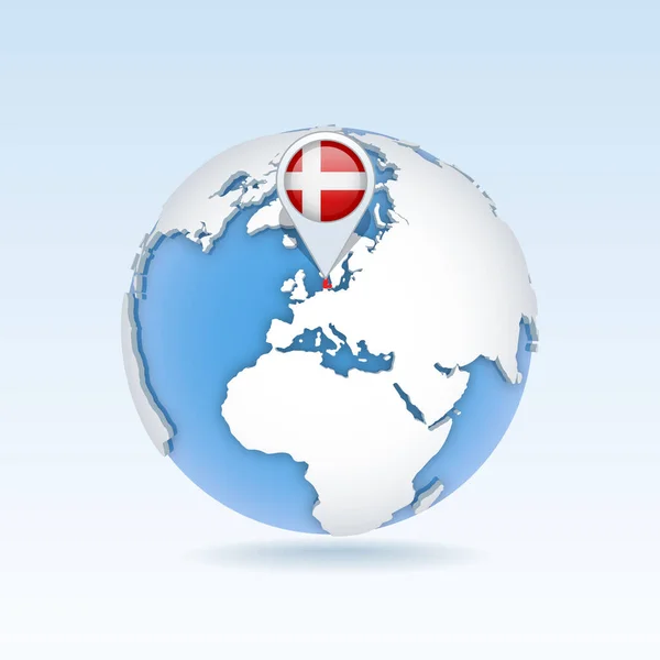 丹麦国家地图和国旗位于全球 世界地图上 3D矢量图解 — 图库矢量图片