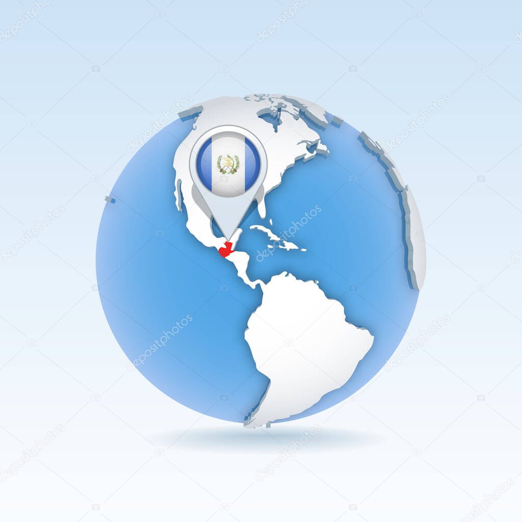 Guatemala - country map and flag located on globe, world map. 3D Vector illustration