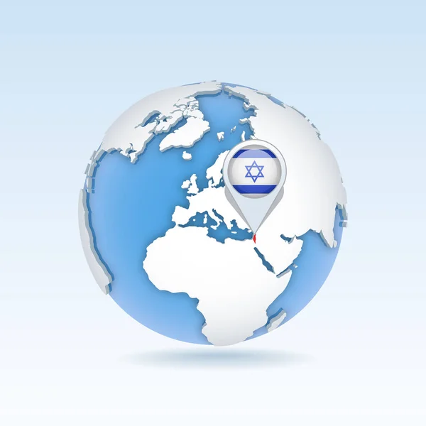 Izrael - mapa země a vlajka umístěná na zeměkouli, mapa světa. — Stockový vektor