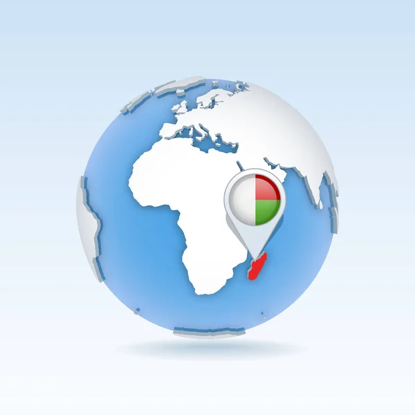 马达加斯加国家地图和国旗位于全球 世界地图上 3D矢量图解 — 图库矢量图片