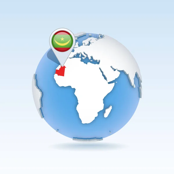毛里塔尼亚国家地图和国旗位于全球 世界地图上 3D矢量图解 — 图库矢量图片