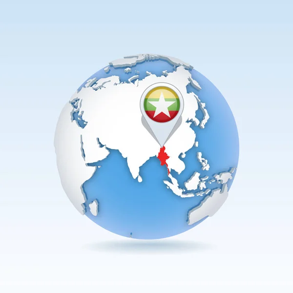 Myanmar Länderkarte Und Flagge Auf Erdkugel Weltkarte Vektordarstellung — Stockvektor