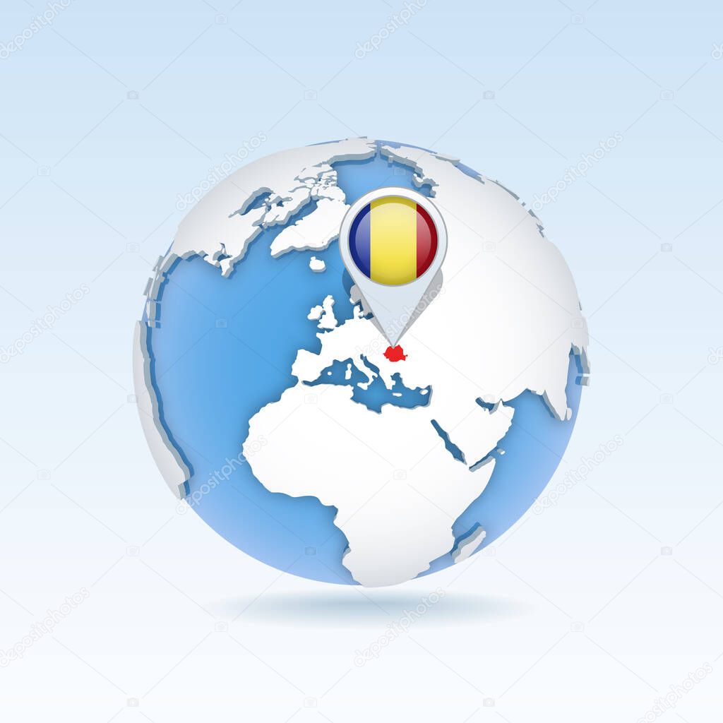 Romania - country map and flag located on globe, world map. 3D Vector illustration