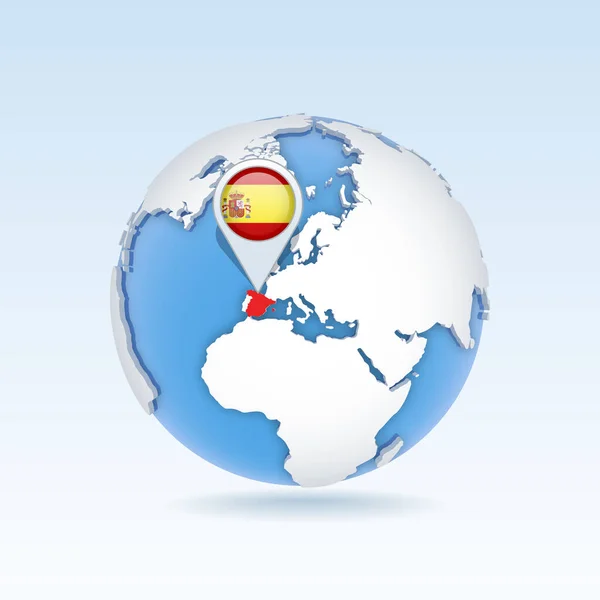 西班牙国家地图和国旗位于全球 世界地图上 3D矢量图解 — 图库矢量图片