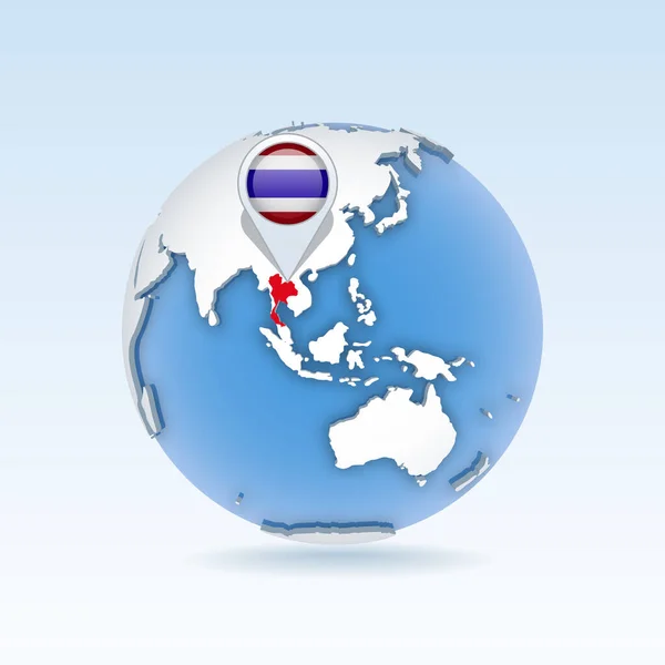 泰国国家地图和国旗位于全球 世界地图上 3D矢量图解 — 图库矢量图片