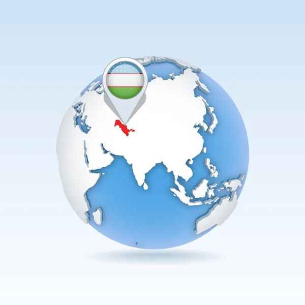 乌兹别克斯坦国家地图和国旗位于全球 世界地图上 3D矢量图解 — 图库矢量图片