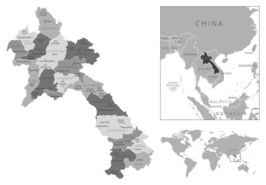 Laos - çok detaylı siyah beyaz harita. Vektör illüstrasyonu