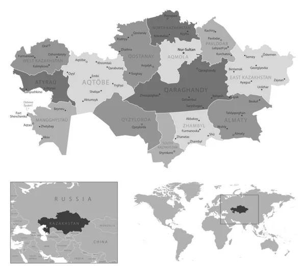 Казахстан Дуже Детальна Чорно Біла Мапа Приклад Вектора — стоковий вектор