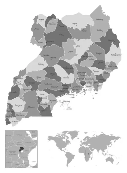 乌干达 非常详细的黑白地图 矢量说明 — 图库矢量图片