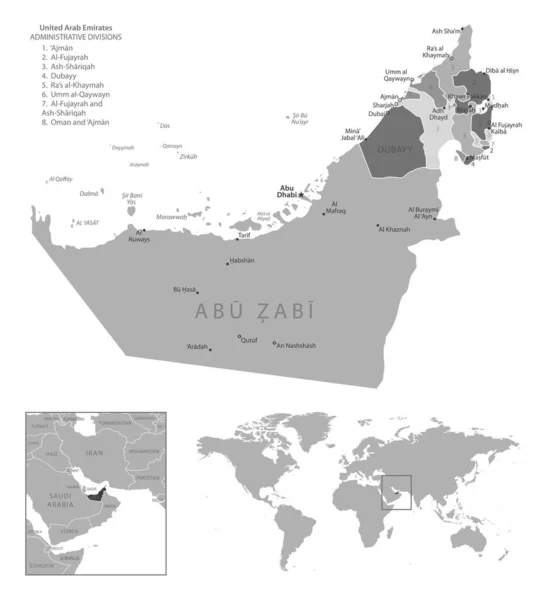 阿拉伯联合酋长国 非常详细的黑白地图 矢量说明 — 图库矢量图片