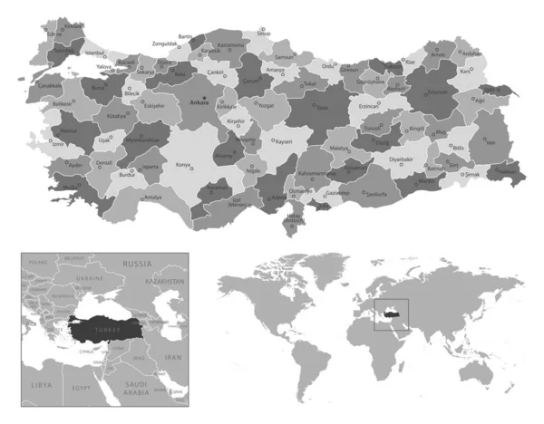 Türkei Sehr Detaillierte Schwarz Weiß Karte Vektorillustration — Stockvektor