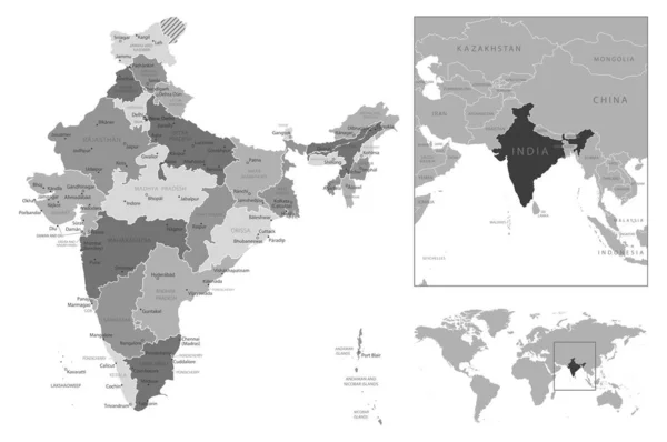 India Mapa Blanco Negro Muy Detallado Ilustración Vectorial — Vector de stock