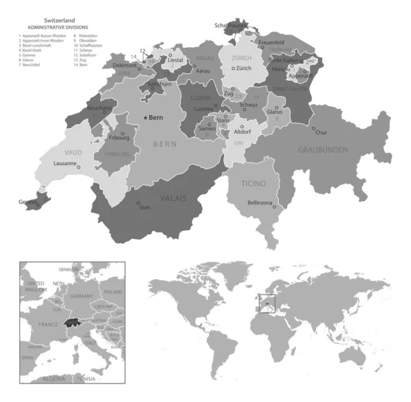 Schweiz Hochdetaillierte Schwarz Weiß Karte Vektorillustration — Stockvektor