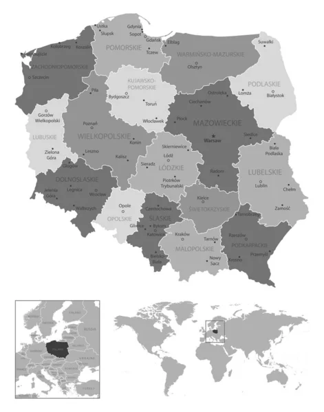 Polen Sehr Detaillierte Schwarz Weiß Karte Vektorillustration — Stockvektor