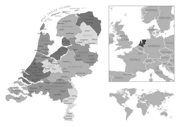 Hollanda Çok Detaylı Siyah Beyaz Harita Vektör Illüstrasyonu — Stok Vektör