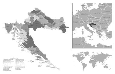 Hırvatistan - son derece detaylı siyah beyaz harita. Vektör illüstrasyonu