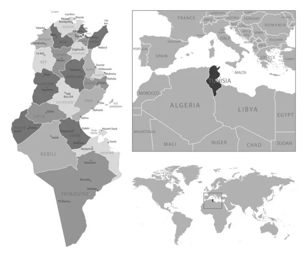 チュニジア 非常に詳細な黒と白の地図 ベクターイラスト — ストックベクタ