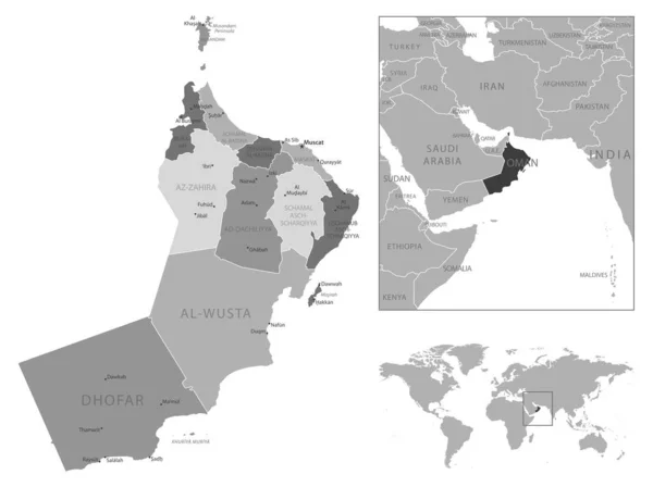 Omán Mapa Blanco Negro Muy Detallado Ilustración Vectorial — Archivo Imágenes Vectoriales