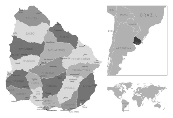 Уругвай Дуже Детальна Чорно Біла Карта Приклад Вектора — стоковий вектор