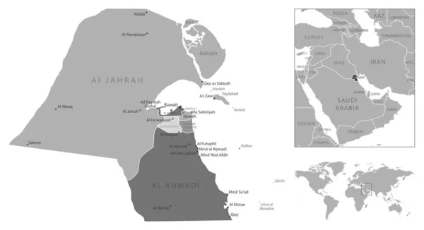 クウェート 非常に詳細な黒と白の地図 ベクターイラスト — ストックベクタ