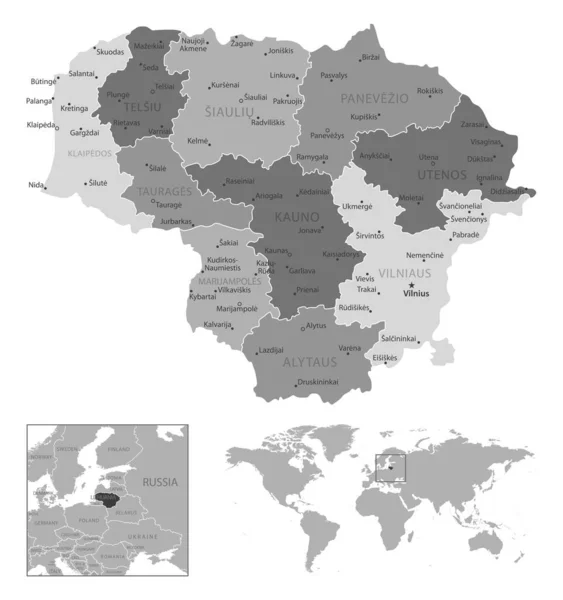Lituania Mapa Blanco Negro Muy Detallado Ilustración Vectorial — Archivo Imágenes Vectoriales