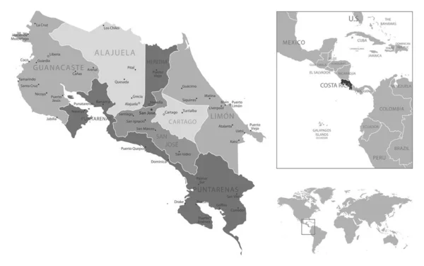 Costa Rica Mapa Preto Branco Altamente Detalhado Ilustração Vetorial — Vetor de Stock