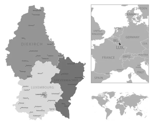 Luxemburg Zeer Gedetailleerde Zwart Wit Kaart Vectorillustratie — Stockvector