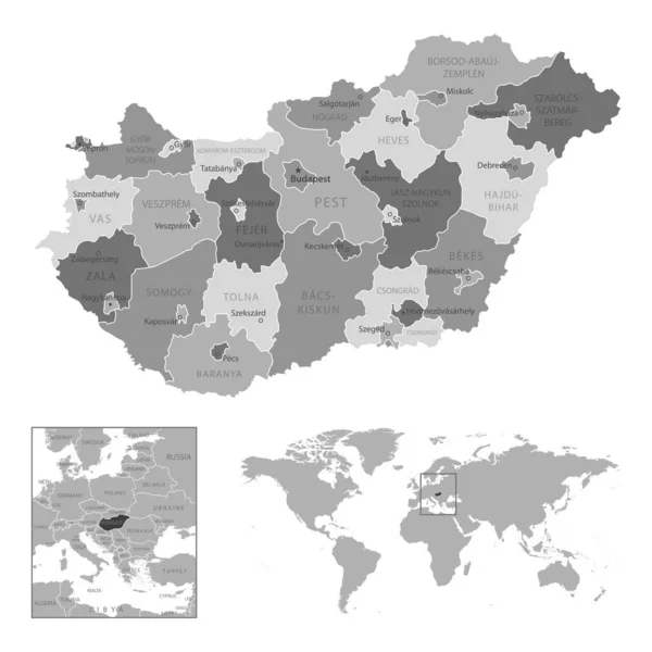 Ουγγαρία Εξαιρετικά Λεπτομερής Ασπρόμαυρος Χάρτης Εικονογράφηση Διανύσματος — Διανυσματικό Αρχείο