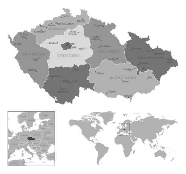 捷克共和国 非常详细的黑白地图 矢量说明 — 图库矢量图片
