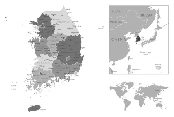 Korea Południowa Szczegółowa Czarno Biała Mapa Ilustracja Wektora — Wektor stockowy