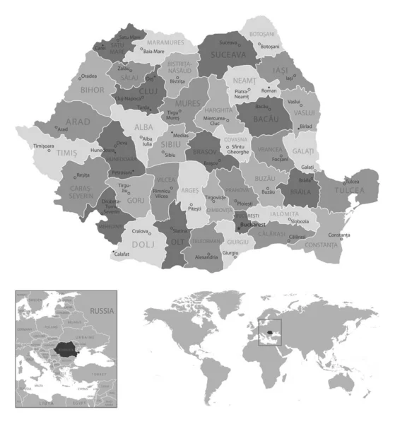 罗马尼亚 非常详细的黑白地图 矢量说明 — 图库矢量图片