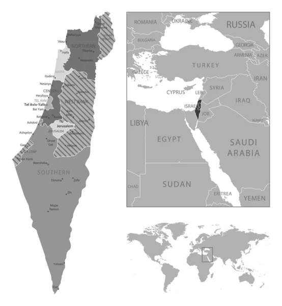 イスラエル 非常に詳細な黒と白の地図 ベクターイラスト — ストックベクタ