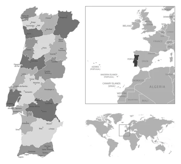 Португалия Подробная Черно Белая Карта Векторная Иллюстрация — стоковый вектор