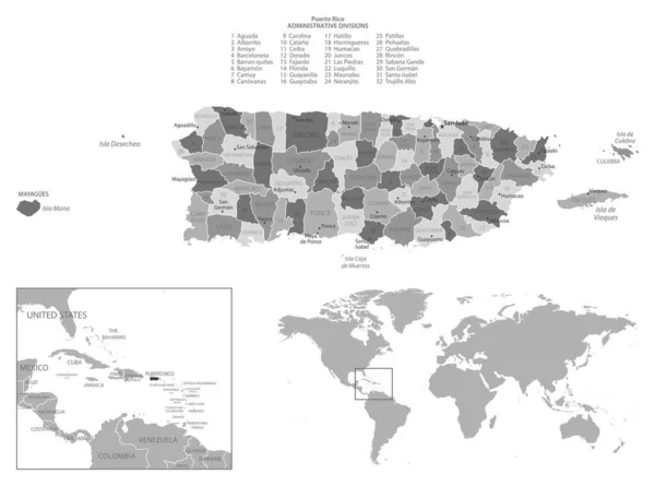 Puerto Rico Mapa Blanco Negro Muy Detallado Ilustración Vectorial — Vector de stock