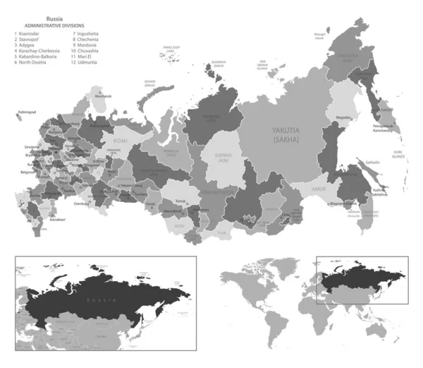 ロシア連邦 非常に詳細な黒と白の地図 ベクターイラスト — ストックベクタ