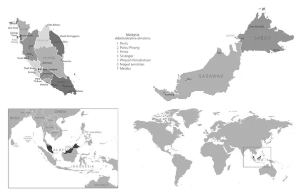 Malesia Mappa Bianco Nero Molto Dettagliata Illustrazione Vettoriale — Vettoriale Stock