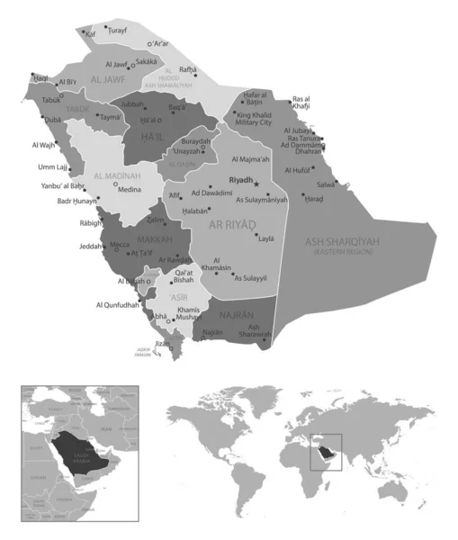 Arabia Saudita Mapa Blanco Negro Muy Detallado Ilustración Vectorial — Archivo Imágenes Vectoriales