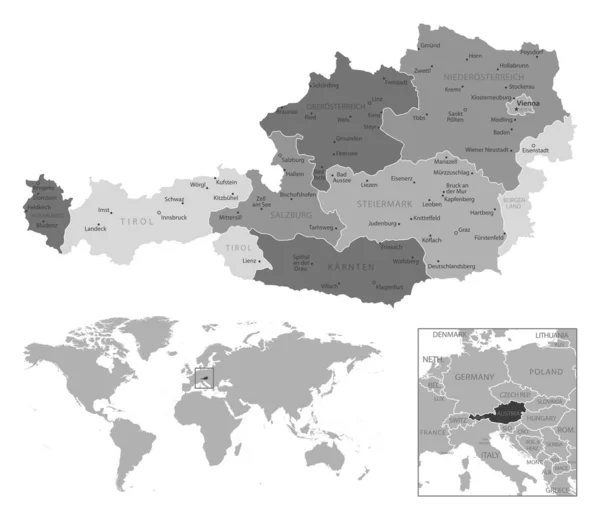 Австрия Подробная Черно Белая Карта Векторная Иллюстрация — стоковый вектор