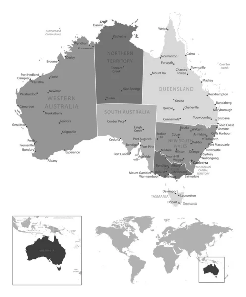 Australien Sehr Detaillierte Schwarz Weiß Karte Vektorillustration — Stockvektor
