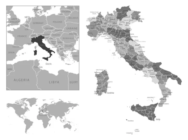 Italien Sehr Detaillierte Schwarz Weiß Karte Vektorillustration — Stockvektor