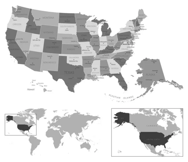 美利坚合众国 非常详细的黑白地图 矢量说明 — 图库矢量图片