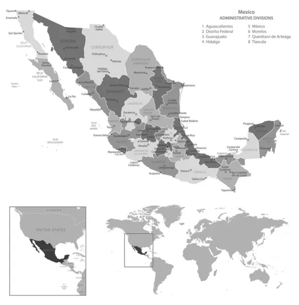 Мексика Подробная Черно Белая Карта Векторная Иллюстрация — стоковый вектор